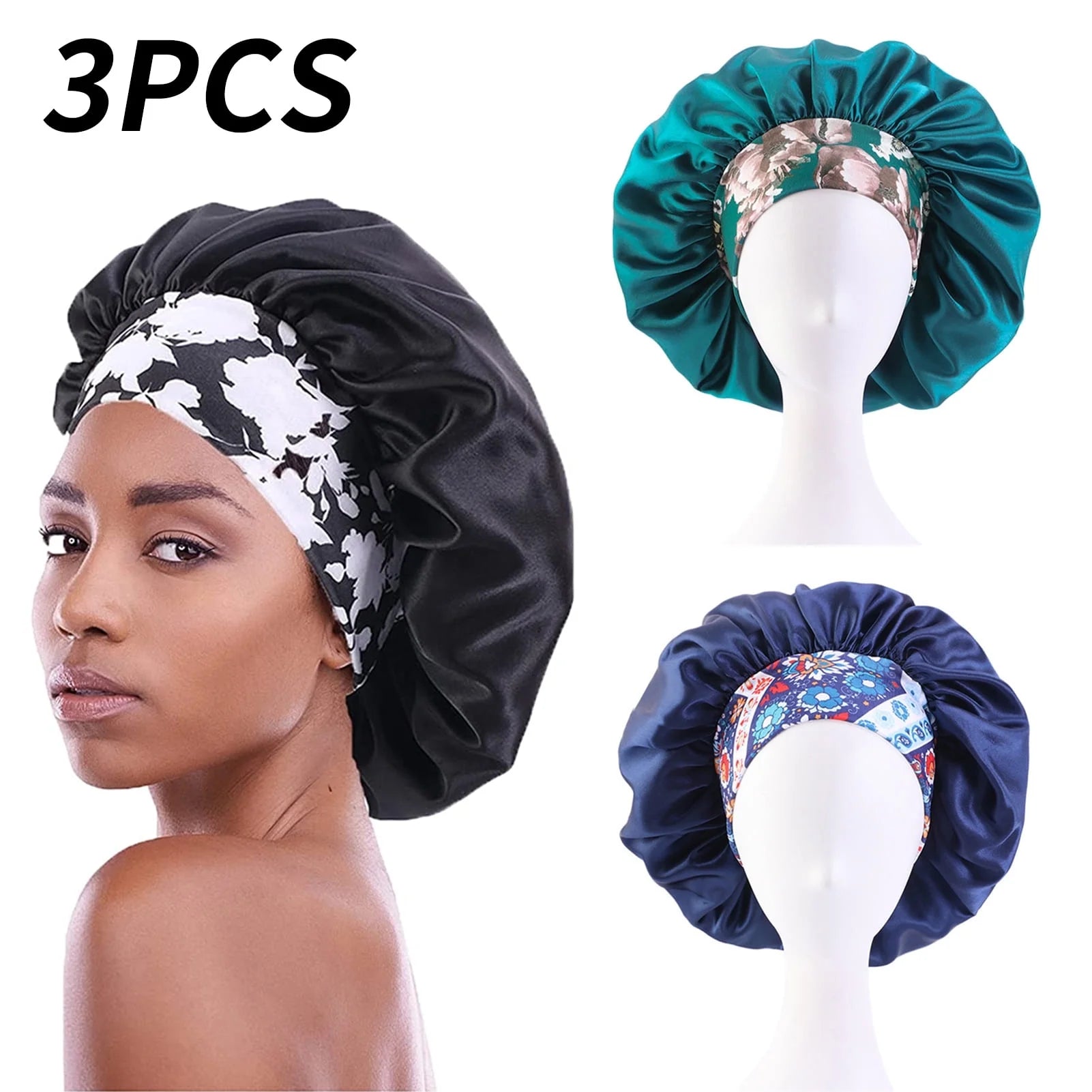 Springcorner 3 Pcs Satin Hair Bonnet for Sleeping, Sleeping Bonnet with Printed Wide Headbands Red Black Blue Satin Caps for Women Large Bonnet Hairwrap Slumber Caps(Black)